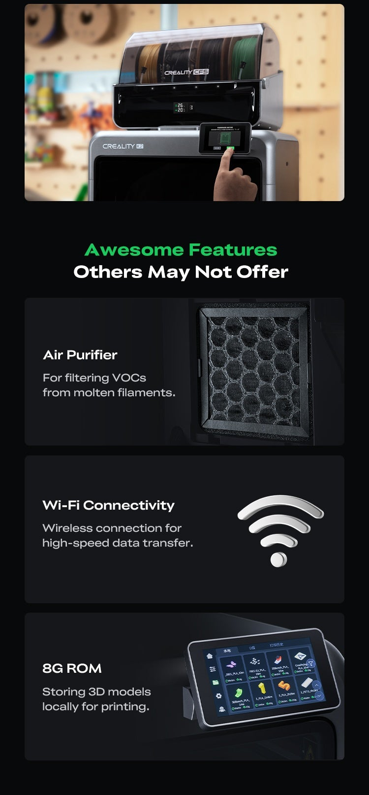 Creality K2 Combo 3D printer with touchscreen and feature panel listing air purifier, Wi‑Fi connectivity, and 8G ROM