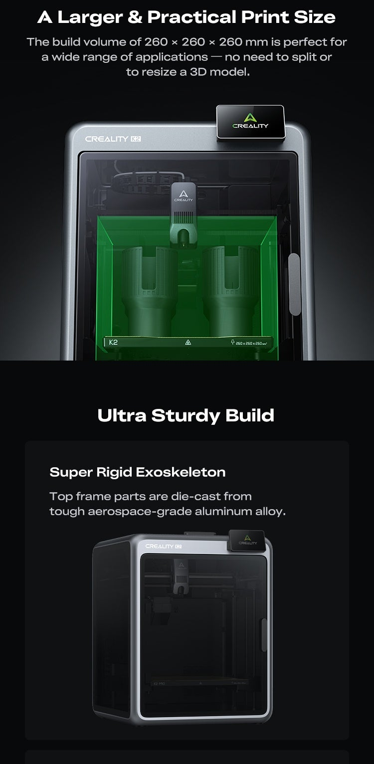 260 x 260 x 260 mm build volume view inside the Creality K2 enclosure with emphasis on sturdy exoskeleton