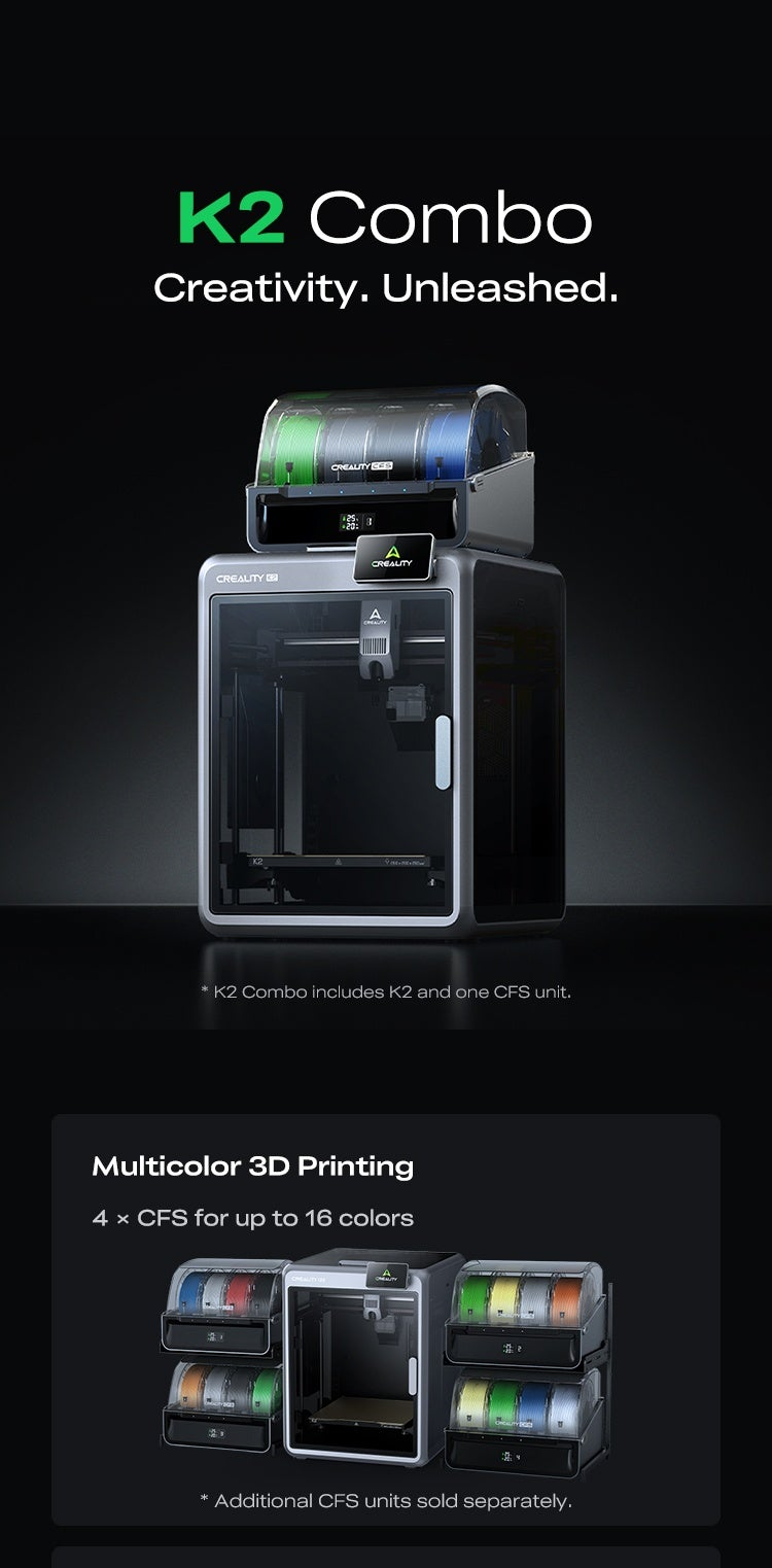 Creality K2 Combo 3D Printer with CFS multicolor unit on top, enclosed build chamber design