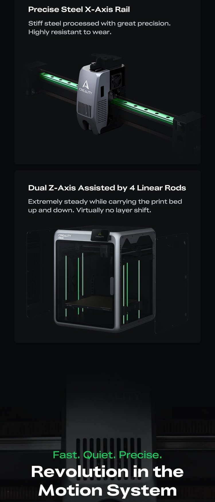 Steel X-axis rail and dual Z-axis with four linear rods/rails illustrated for stable, precise motion