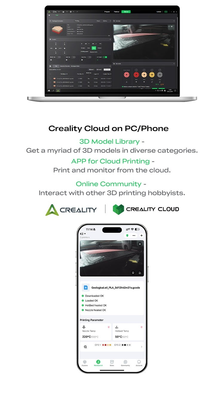 Creality Cloud on laptop and smartphone, featuring cloud printing, print monitoring, and a 3D model library