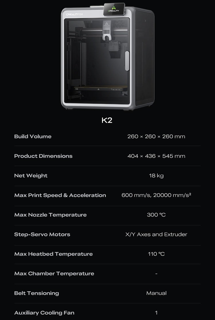 Creality K2 Combo enclosed 3D printer with front door and spec list showing 260×260×260 mm build volume