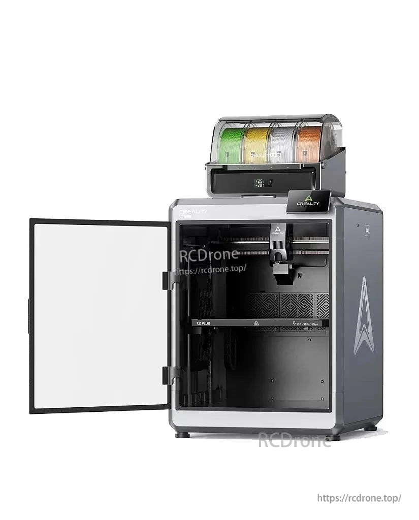 3D printer with front door open, showing interior build area and extruder assembly