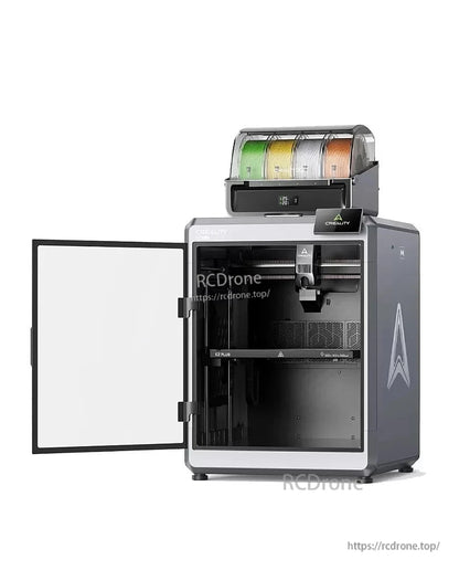 3D printer with front door open, showing interior build area and extruder assembly