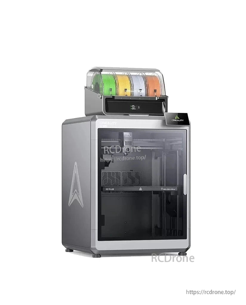 Angled left-front view of enclosed 3D printer with top-mounted multi-spool filament system