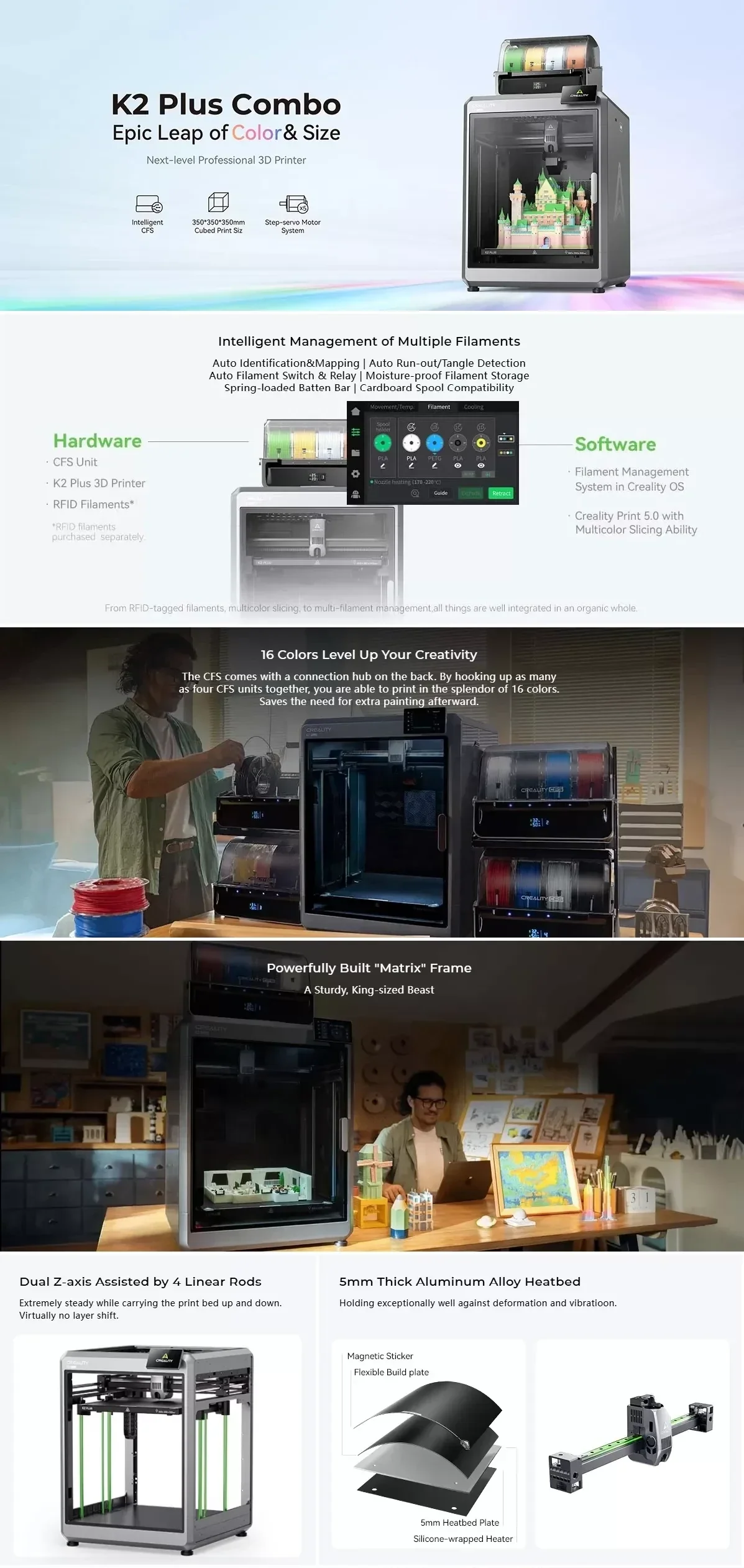 Creality K2 Plus Combo 3D Printer overview with CFS multi-color system, large build volume, and matrix frame