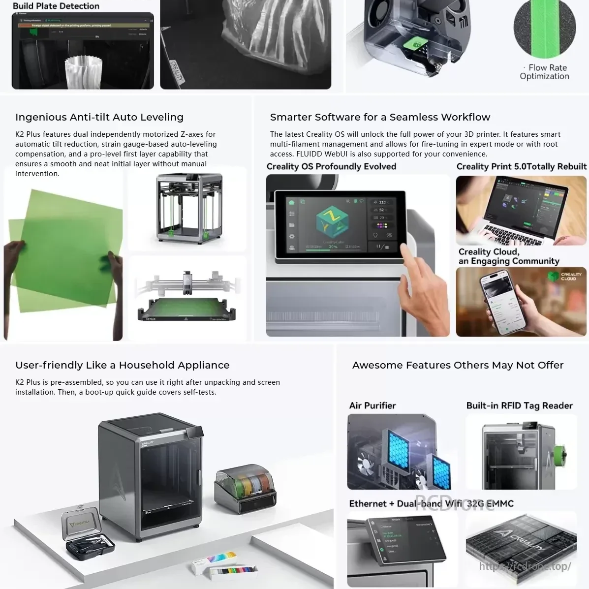 Auto leveling system, Creality OS and Print 5.0 workflow, plus built-in RFID reader and air purifier features