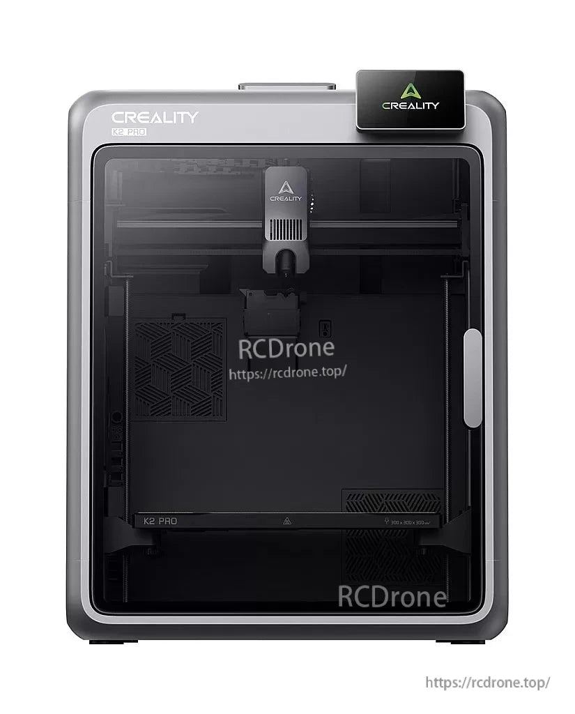 Straight-on front view of Creality K2 Pro 3D printer enclosure showing print head and build plate