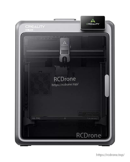 Straight-on front view of Creality K2 Pro 3D printer enclosure showing print head and build plate