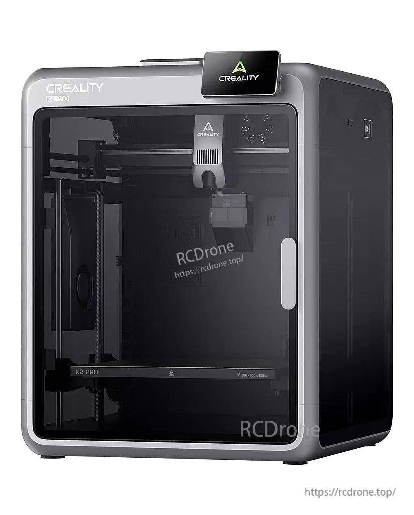 Creality K2 Pro enclosed 3D printer without CFS, three-quarter front view showing front door and touchscreen
