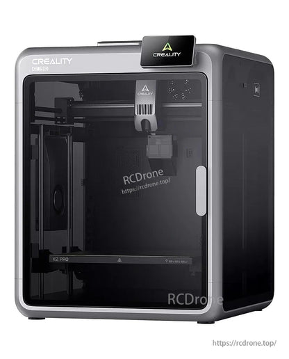 Creality K2 Pro enclosed 3D printer without CFS, three-quarter front view showing front door and touchscreen