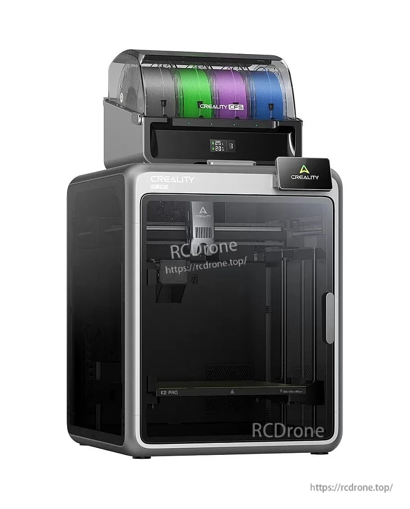 Angled view of enclosed Creality K2 Pro printer with CFS top filament carousel and front door handle