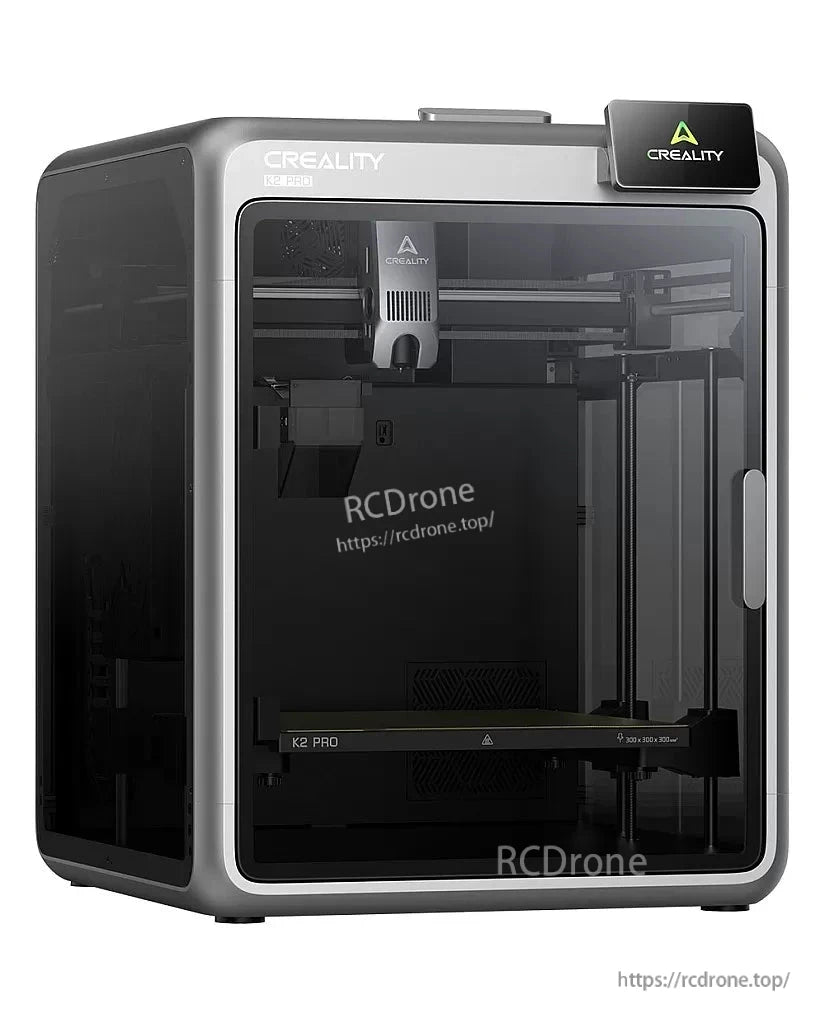 Creality K2 Pro 3D printer enclosure angled from left side, showing interior gantry and front door frame