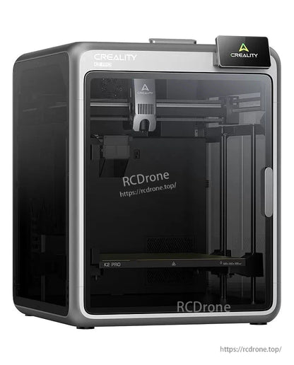 Creality K2 Pro 3D printer enclosure angled from left side, showing interior gantry and front door frame