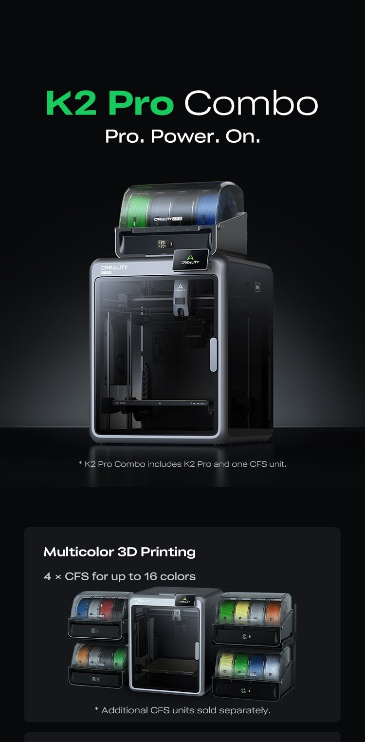 Creality K2 Pro Combo 3D Printer with CFS unit for multicolor printing, front view promo graphic