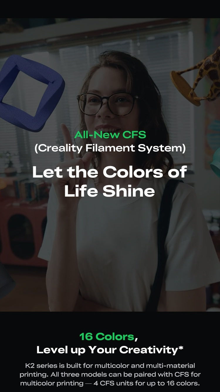 Creality Filament System (CFS) multicolor platform headline graphic for 16-color printing workflows