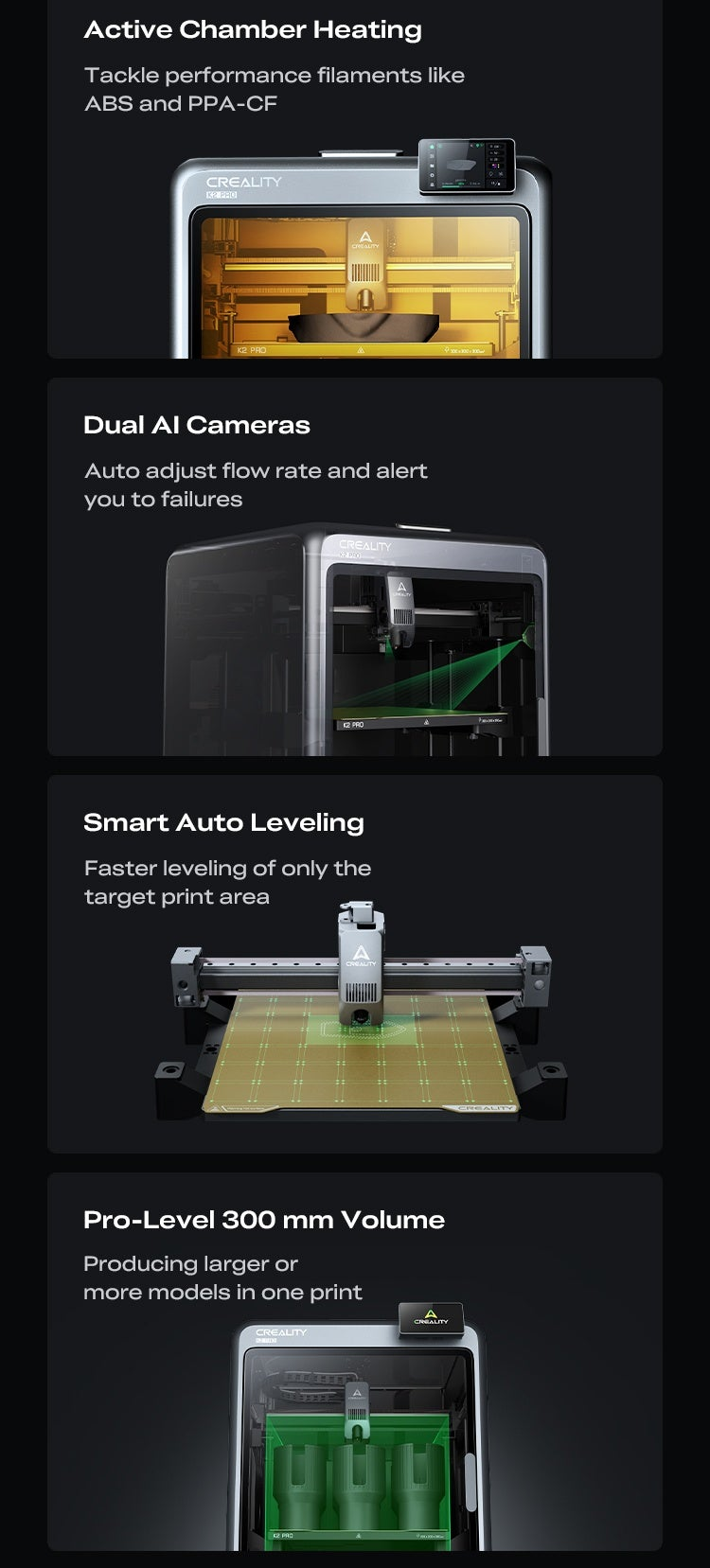 Feature highlights for K2 Pro Combo: active heated chamber, dual AI cameras, auto leveling, 300 mm build volume