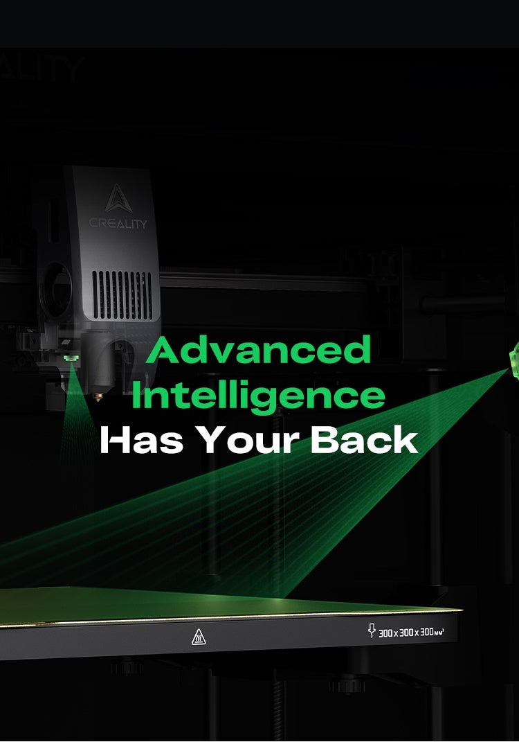 Advanced intelligence promo graphic with green laser lines across the print area and 300 × 300 × 300 mm label