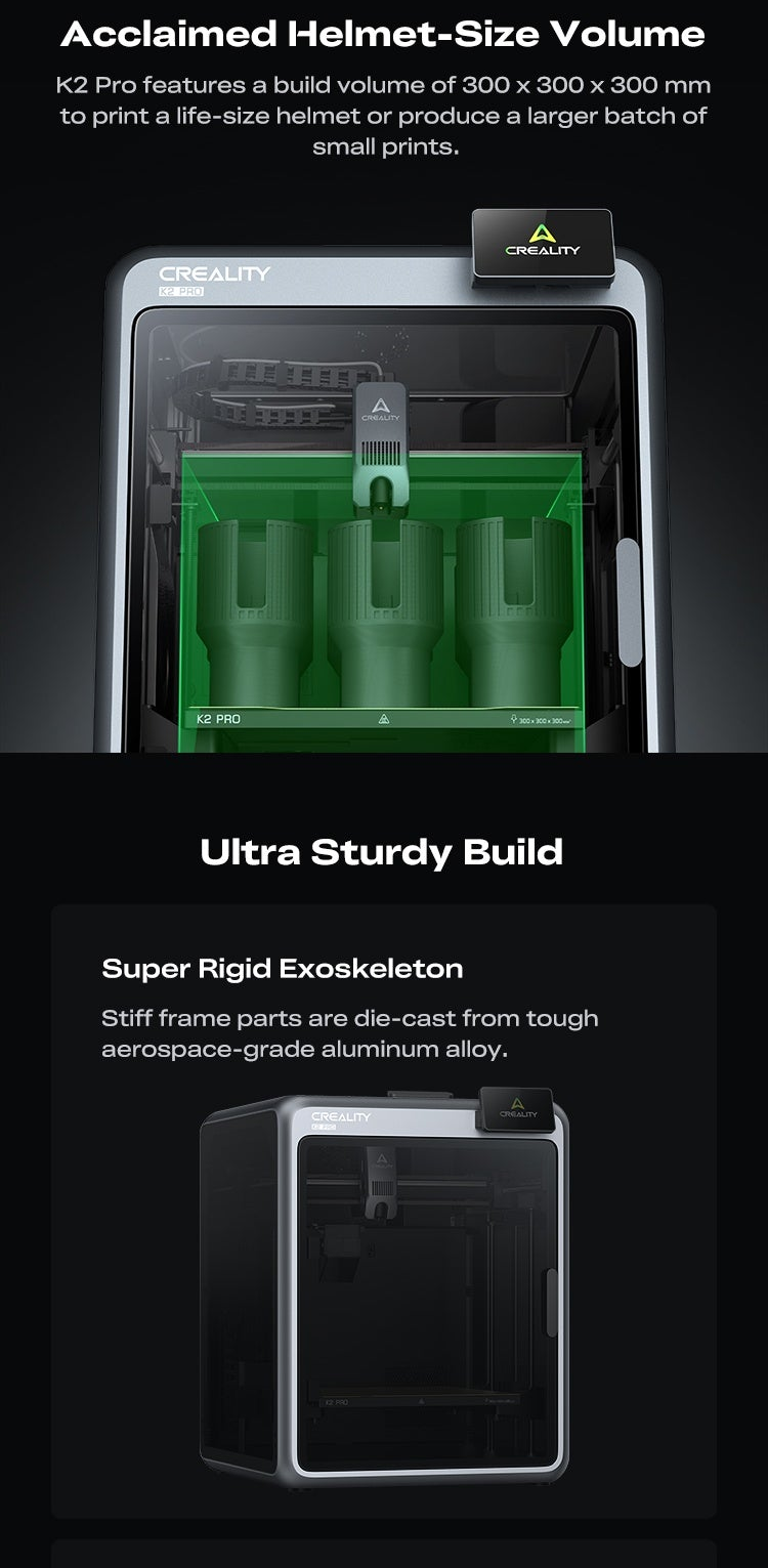 Creality K2 Pro Combo 3D printer build volume and rigid frame overview, including 300 × 300 × 300 mm capacity graphic