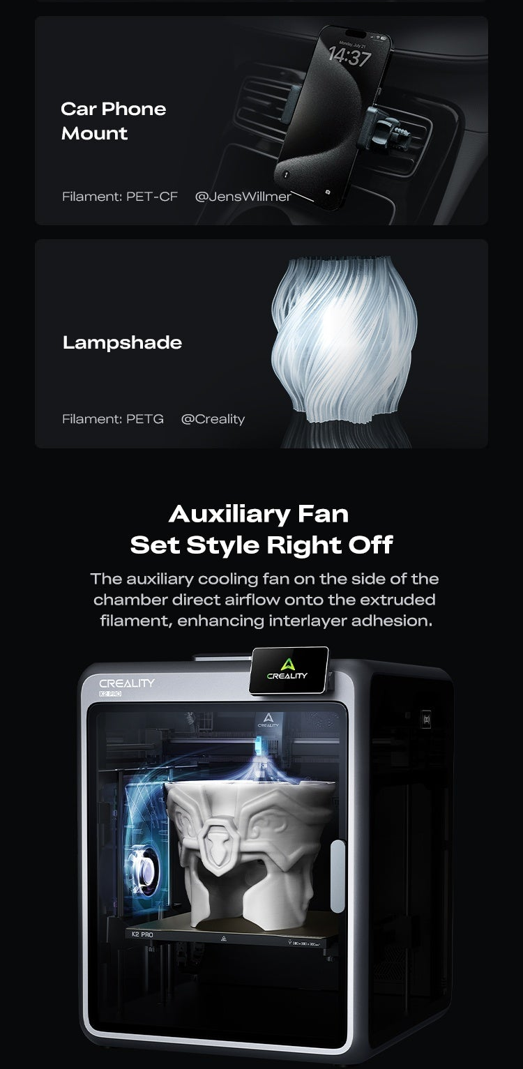 Auxiliary fan set style and application examples (car phone mount, lampshade) for improved layer adhesion