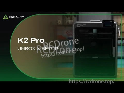 Creality K2 Pro 3D printer with enclosed frame, front door, and top-right touchscreen, unbox and setup graphic