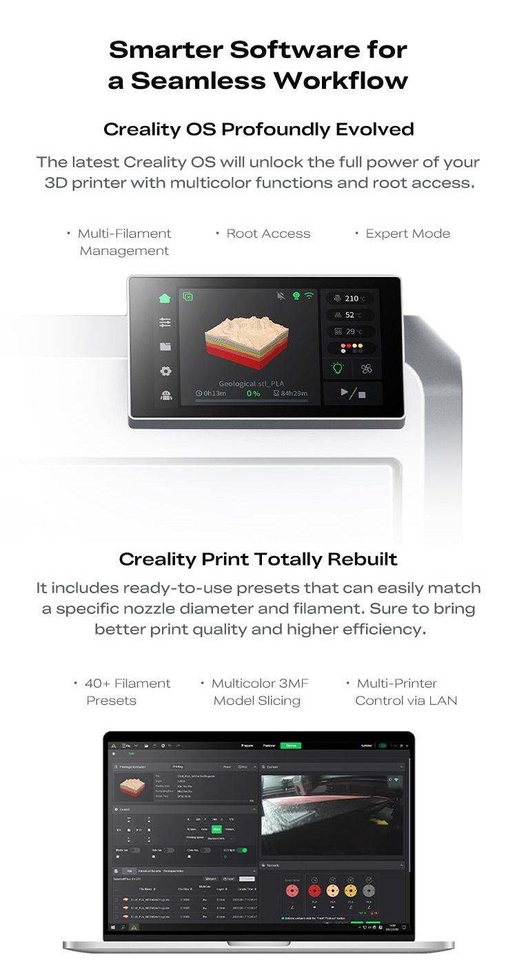 Creality OS and Creality Print software screens for the K2 Pro Combo, showing multi-filament tools and slicing controls
