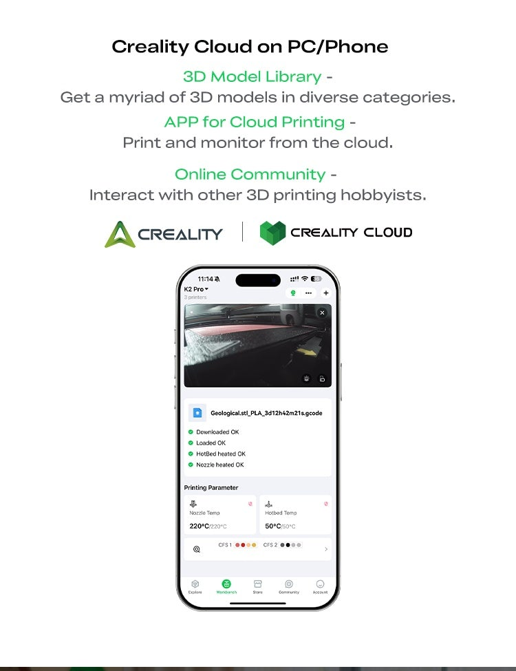 Creality Cloud app screen on smartphone for 3D model library, cloud printing, and print monitoring