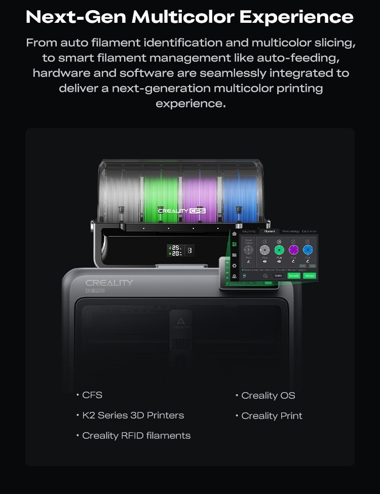 Creality K2 Pro Combo 3D Printer with CFS and Creality OS/Print integration for multicolor slicing and RFID filaments