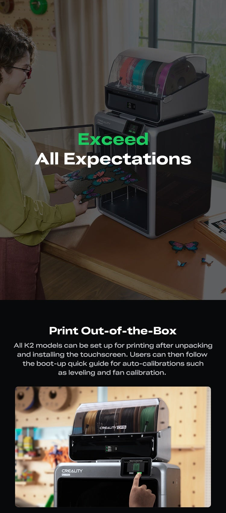 Creality K2 Pro Combo 3D printer with enclosed build chamber and top-mounted multi-color filament spools