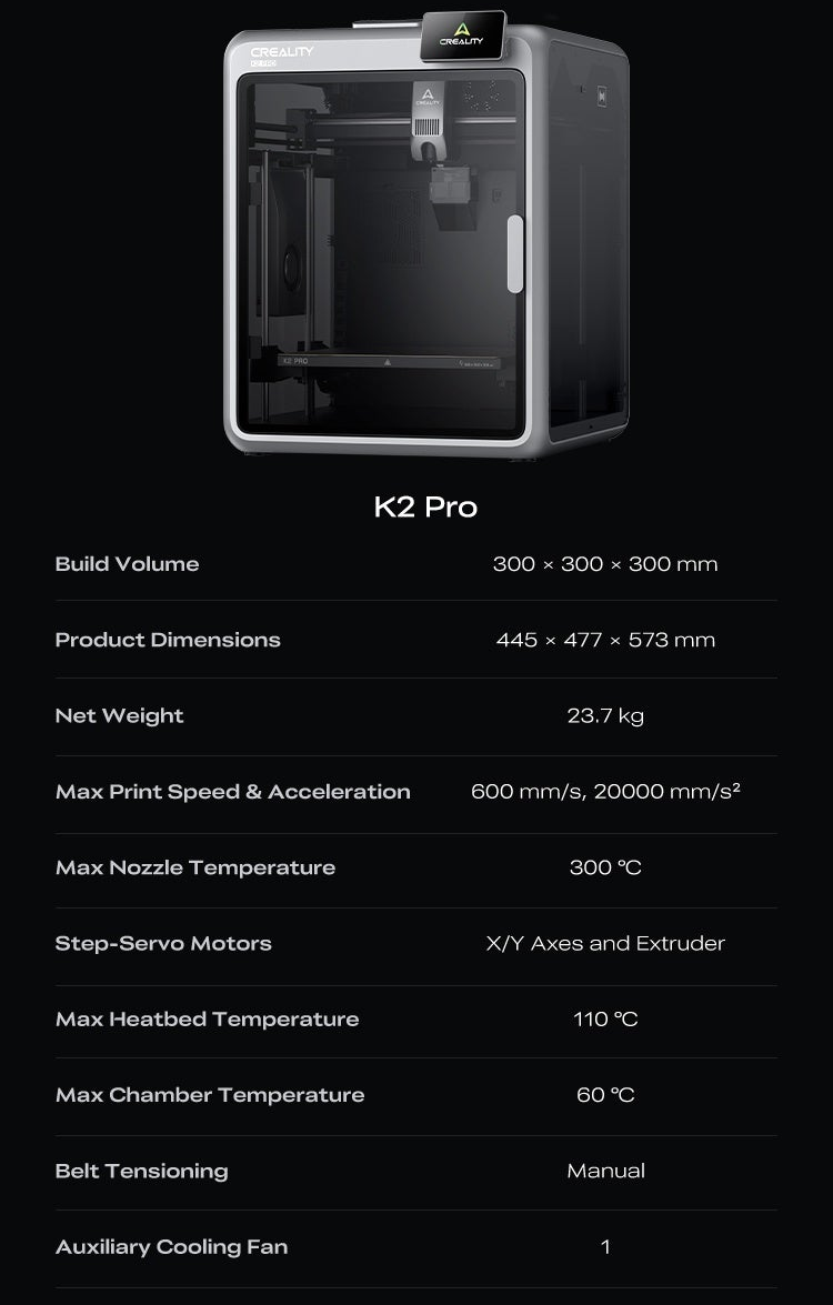 Creality K2 Pro enclosed 3D printer with 300×300×300 mm build volume and 600 mm/s max print speed specs