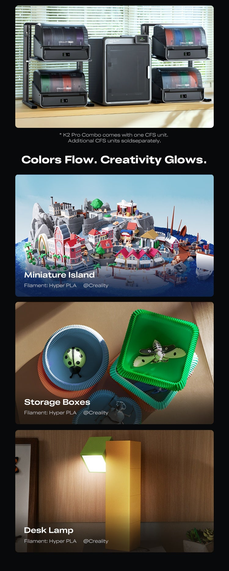 Multicolor example prints made with CFS, including miniature island model, storage boxes, and desk lamp