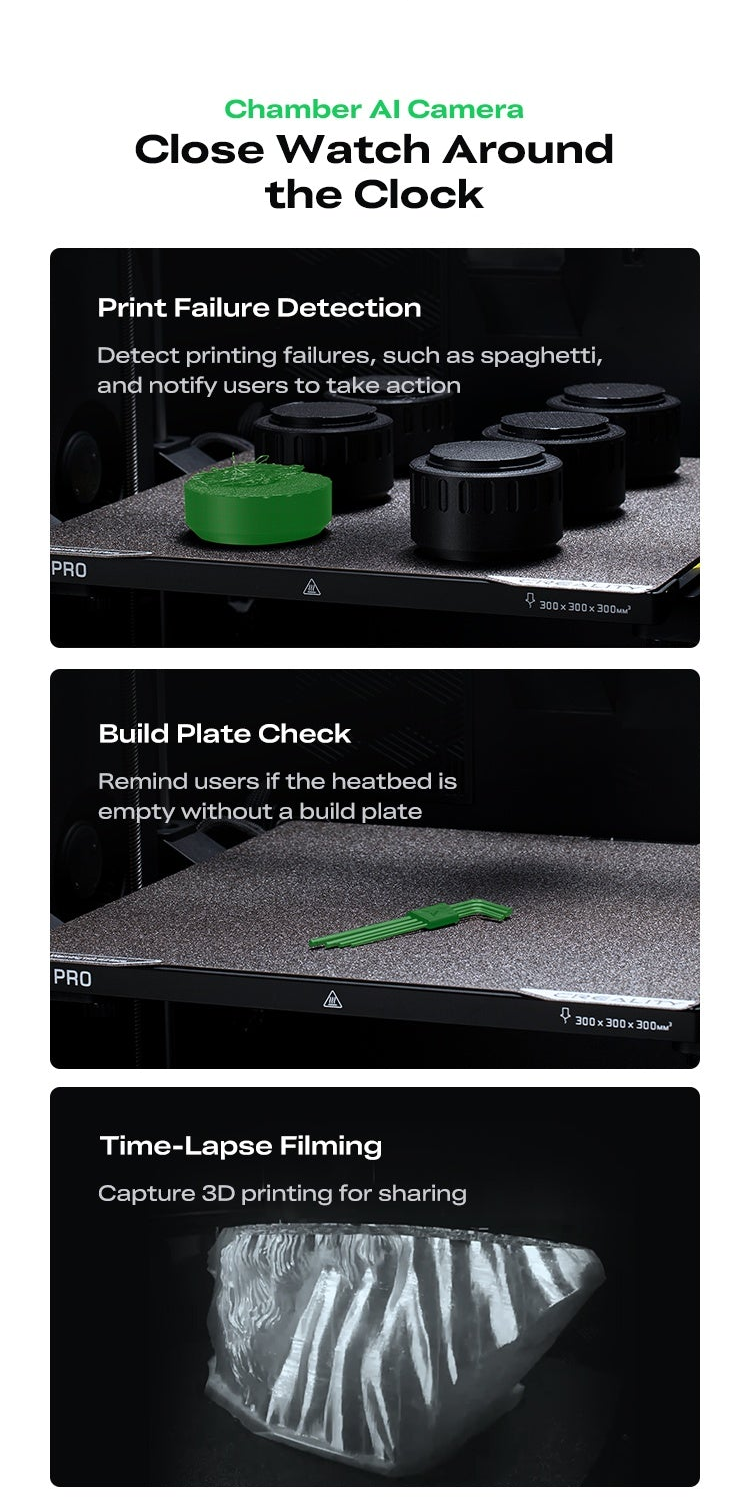 AI camera features list: print failure detection, build plate check reminders, and time-lapse filming