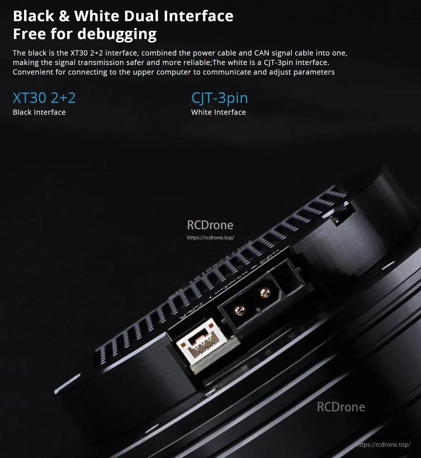 The CubeMars AK10-9 robotic actuator features a black XT30 2+2 interface for reliable signal transmission and a white CJT-3pin interface for easy communication and parameter adjustments.