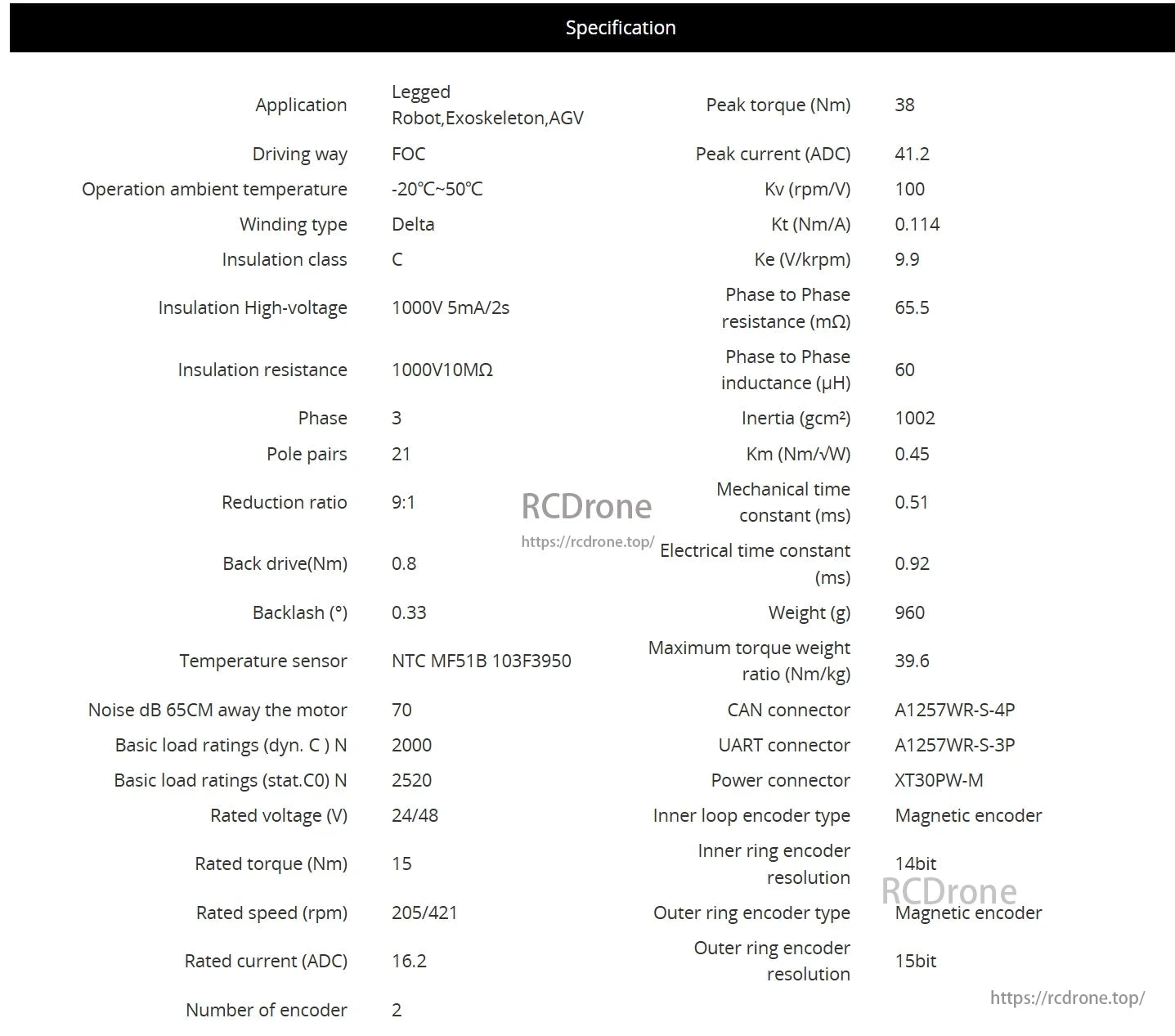 CubeMars AK10 Robotic Actuator, CubeMars AK10 actuator: 38 Nm torque, 41.2 ADC current, -20°C to 50°C, 9:1 ratio, 960g, 39.6 Nm/kg, 70 dB noise, magnetic encoders, CAN/UART.