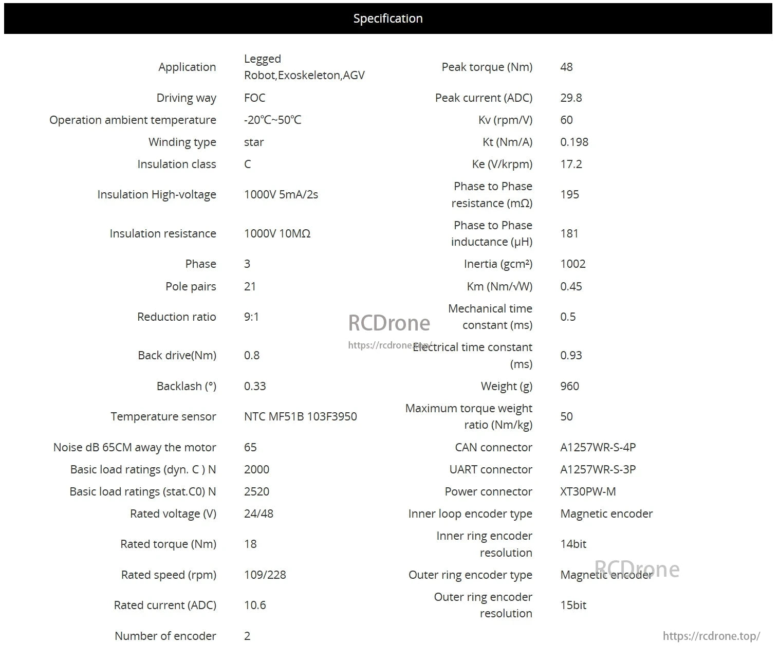 The CubeMars AK10 robotic actuator delivers 48 Nm peak torque, operates from -20°C to 50°C, features 1000V insulation, 3 phases, 21 pole pairs, 9:1 reduction, magnetic encoders, 960g weight, and 50 Nm/kg max torque-weight ratio.