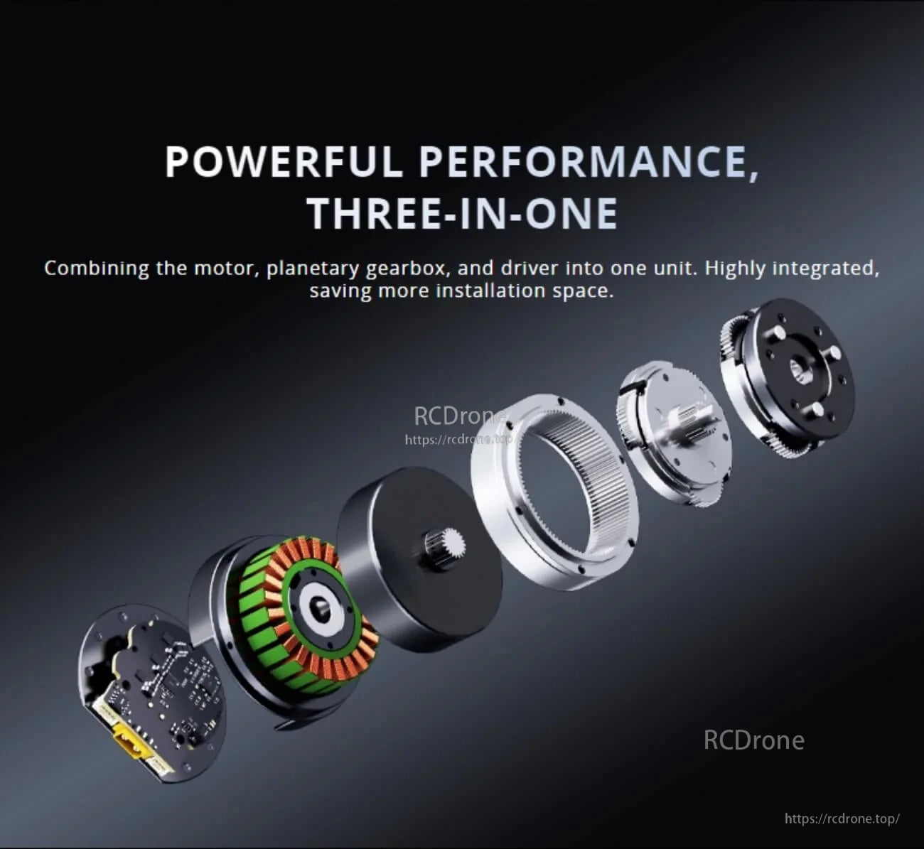 Exploded view of integrated motor, driver board, and planetary gearbox components in the CubeMars AK series module