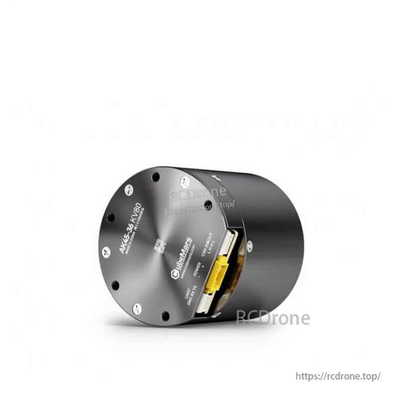 Rear end cap labeled AK45-36-KV80 with integrated connector bay for power and signal