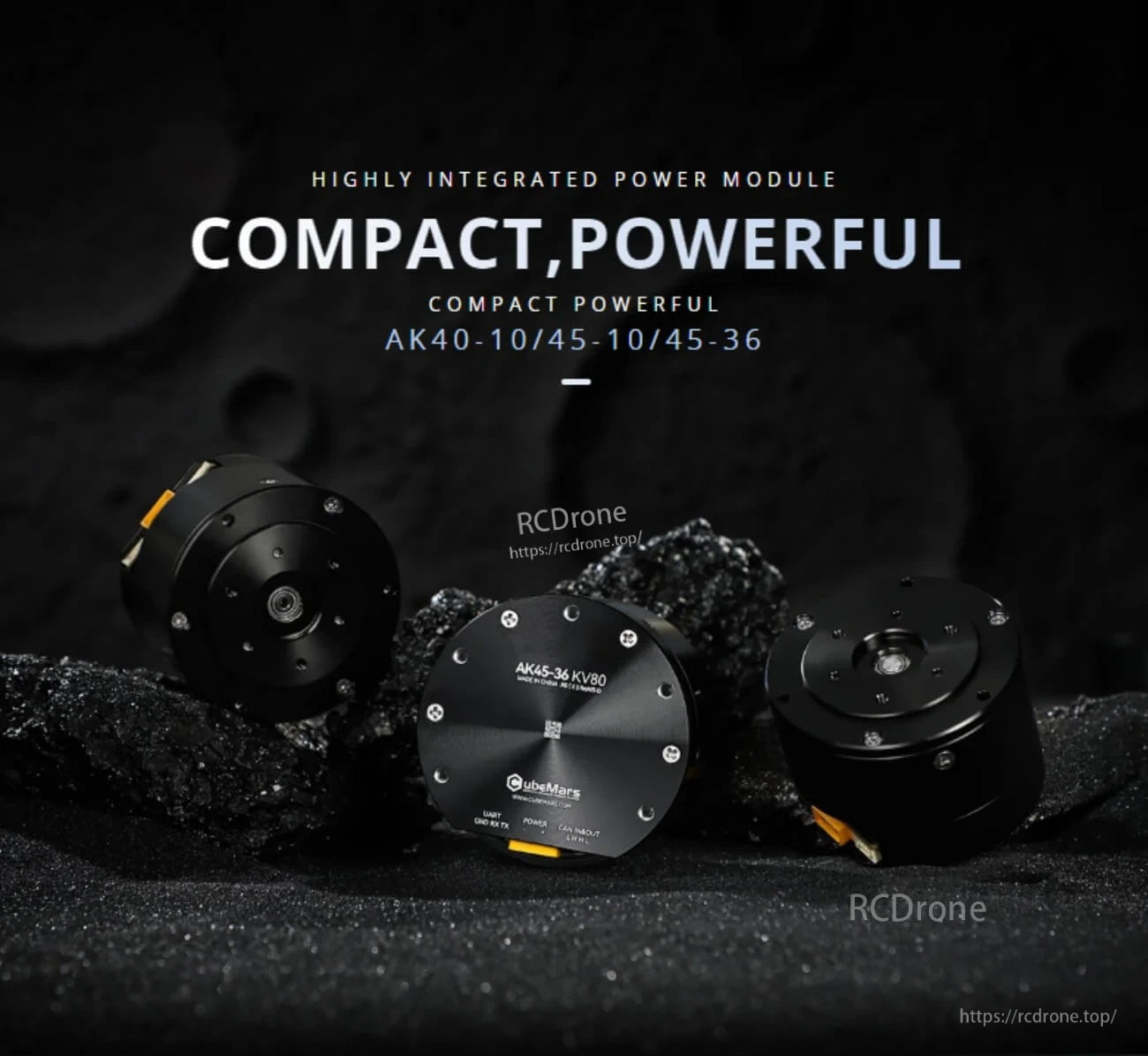 CubeMars AK45-36 KV80 integrated actuator module with gearbox and driver, compact motor set on dark background