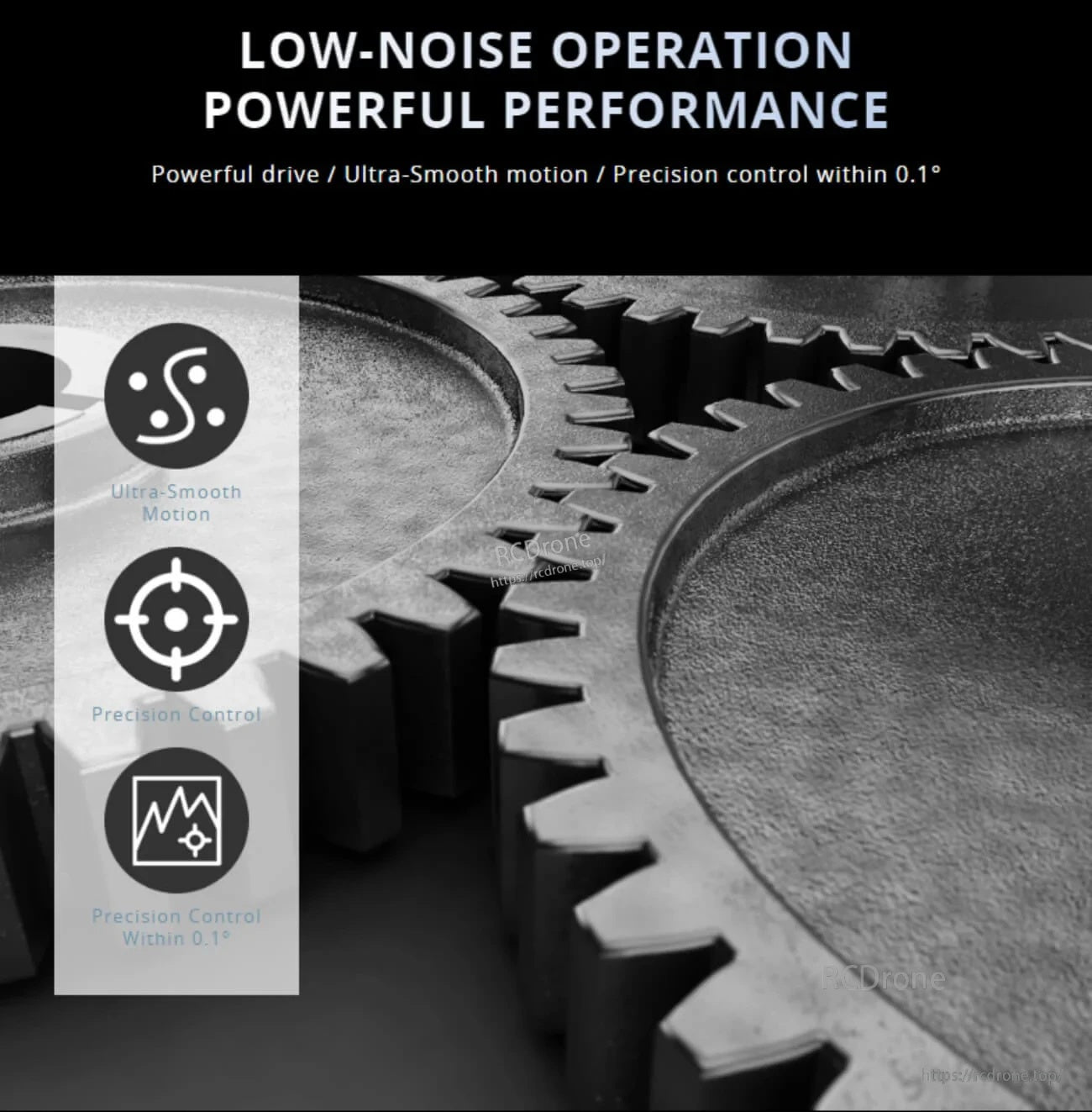 Close-up gear graphic emphasizing low-noise operation, ultra-smooth motion, and precision control within 0.1° text