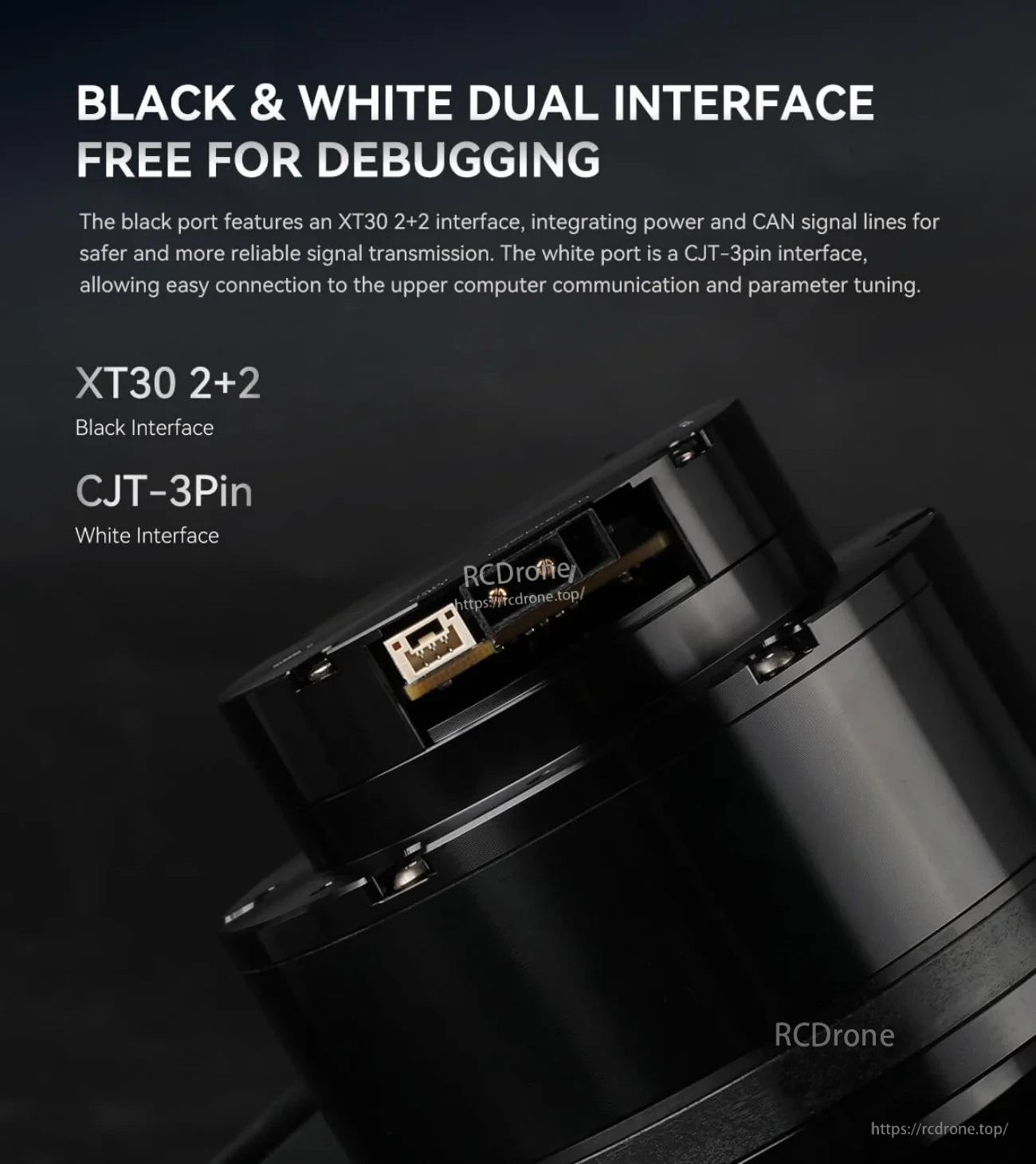 CubeMars AK60-39 V3.0 48V motor module connector detail with XT30 2+2 black interface and CJT-3Pin white interface
