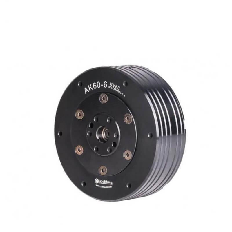 Angled side view of AK60-6 motor module showing finned housing and front mounting plate
