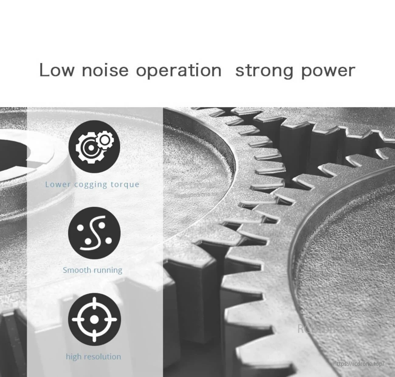 Planetary gear graphic highlighting low-noise operation, lower cogging torque, smooth running, and high resolution
