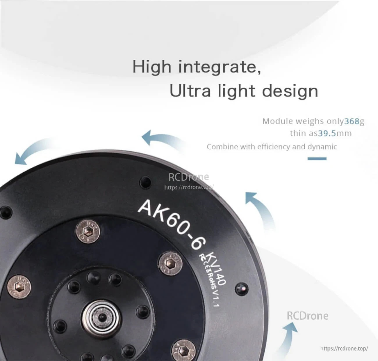 Close-up of AK60-6 motor module faceplate highlighting lightweight, thin 39.5 mm integrated design
