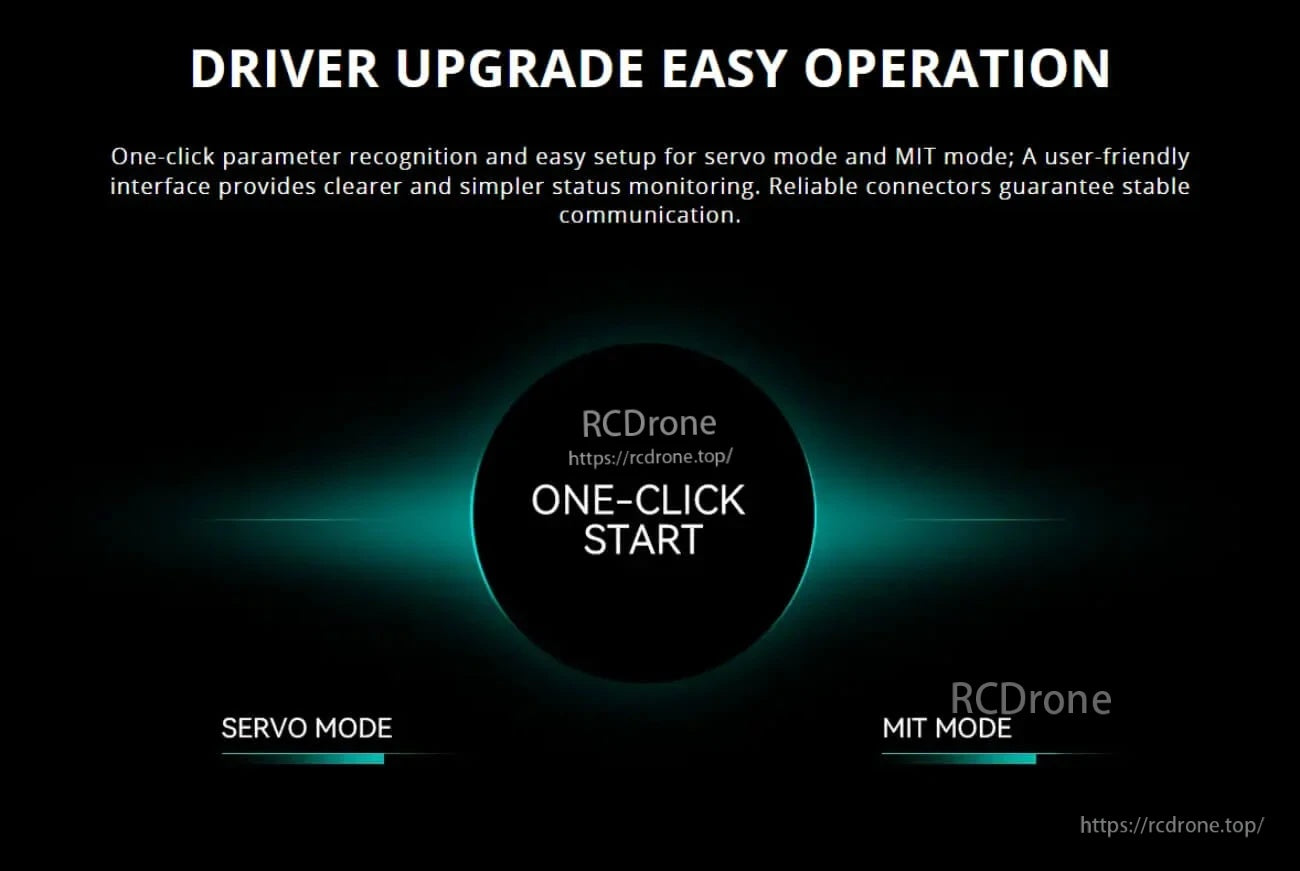 AK V3.0 driver upgrade graphic with “one-click start” and selectable Servo mode or MIT mode setup