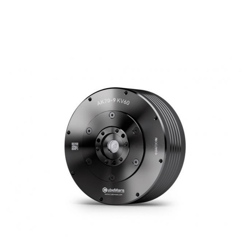 CubeMars AK70-9 KV60 motor module angled view showing housing thickness and finned side wall