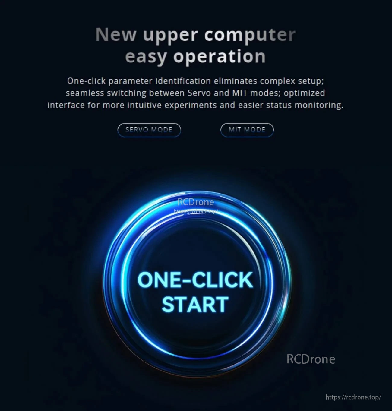 One-click start interface graphic for AK70-9 module setup, with Servo mode and MIT mode options