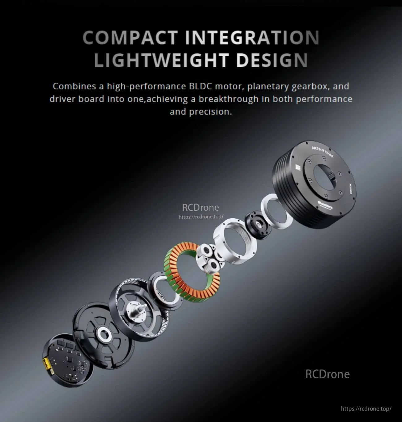 Exploded view of the AK70-9 KV60 module highlighting compact integration of BLDC motor, gearbox, and driver board