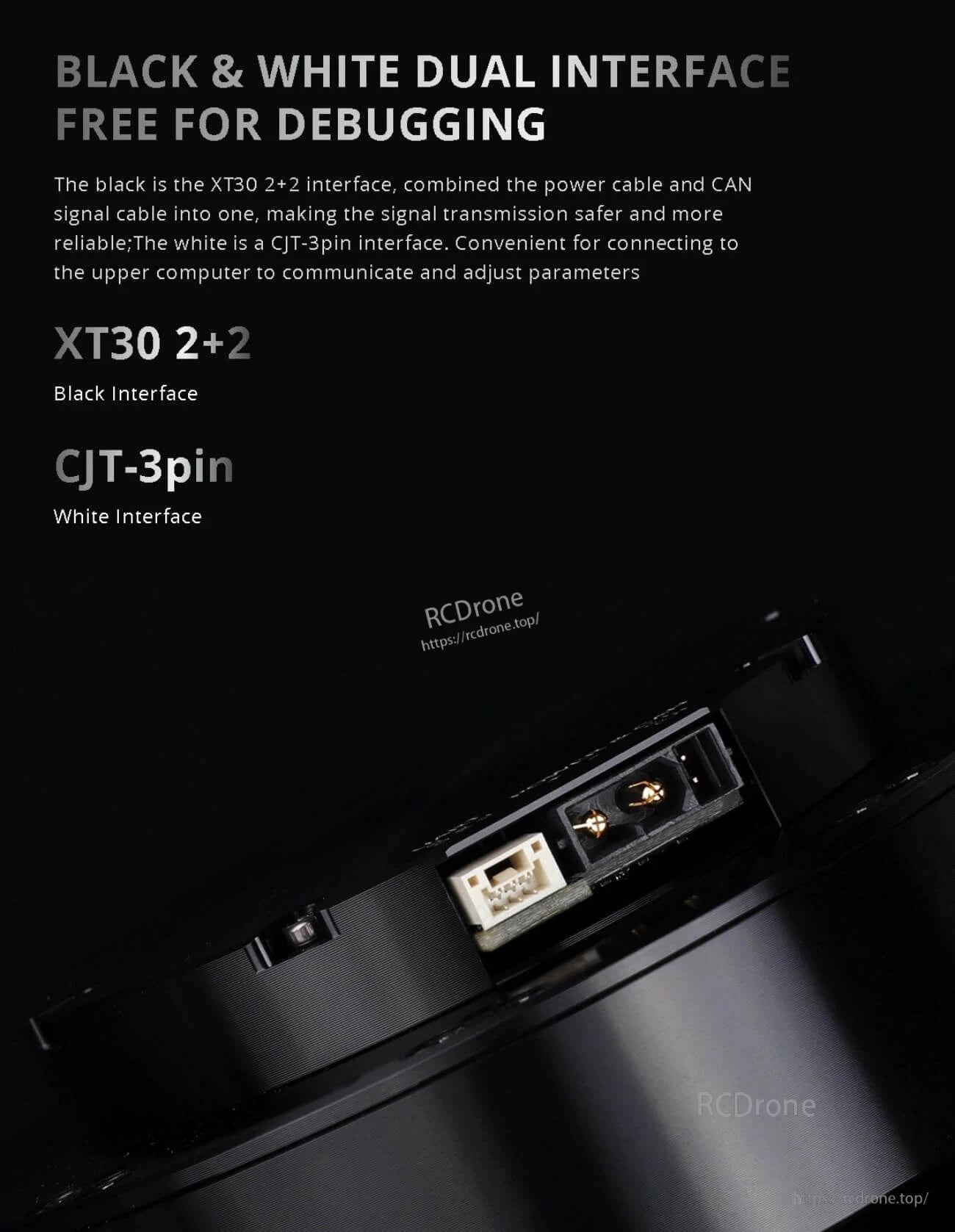 AK70-9 module connector close-up with XT30 2+2 (power + CAN) and CJT-3pin interface for parameter tuning
