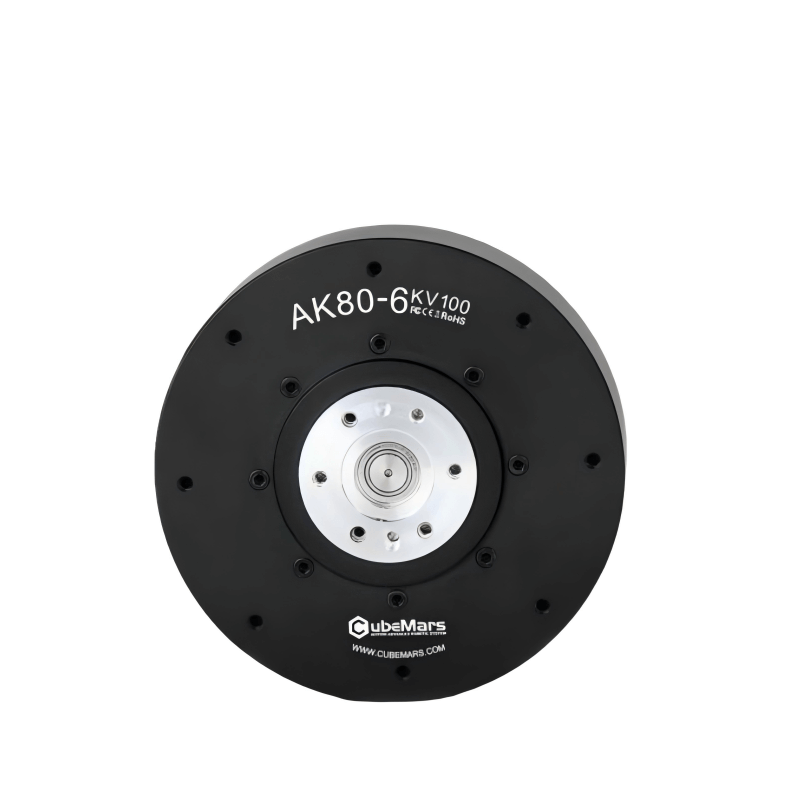 CubeMars AK80-6 KV100 motor module front view with output shaft and mounting bolt pattern
