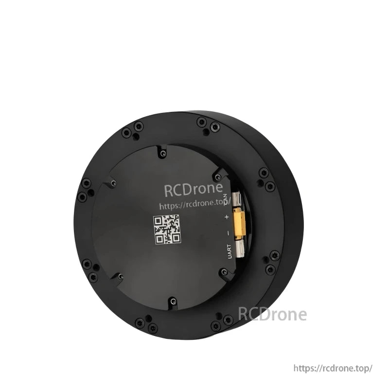 Rear angled view of AK80-6 motor module showing recessed connector area and CAN/UART port opening